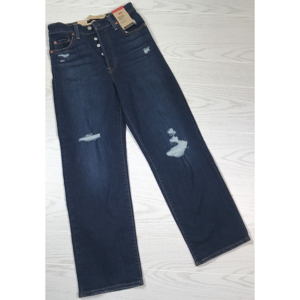 Womens Levis Ribcage Jeans 26 Dark Wash Distressed Button Fly Stretch High Rise